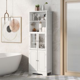 White Tall Storage Cabinet with Shelves and Doors for Bathroom, Kitchen and Living Room, MDF Board