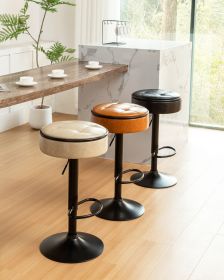 Round Storage Bar Stool Set of 2, Brown Faux Leather Height Adjustable Barstool, 360°Counter Height Swivel Stool