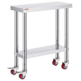 VEVOR 30x12x34 Inch Stainless Steel Work Table 3-Stage Adjustable Shelf with 4 Wheels Heavy Duty Commercial Food Prep Worktable with Brake for Kitchen