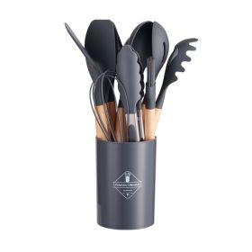 11pcs Wooden Handle Silicone Kitchen Utensils Set in holder, Non-stick Shovel Spoon Cooking Kitchen Utensils 11 Pieces Set Silicone Shovel Spoon (Color: Gray)