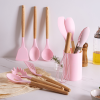 11pcs Wooden Handle Silicone Kitchen Utensils Set in holder, Non-stick Shovel Spoon Cooking Kitchen Utensils 11 Pieces Set Silicone Shovel Spoon