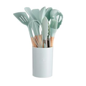 11pcs Wooden Handle Silicone Kitchen Utensils Set in holder, Non-stick Shovel Spoon Cooking Kitchen Utensils 11 Pieces Set Silicone Shovel Spoon (Color: Light Green)