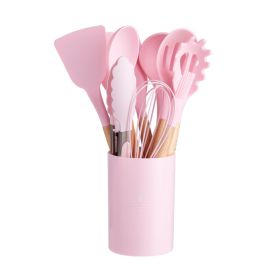 11pcs Wooden Handle Silicone Kitchen Utensils Set in holder, Non-stick Shovel Spoon Cooking Kitchen Utensils 11 Pieces Set Silicone Shovel Spoon (Color: Pink)