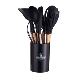 11pcs Wooden Handle Silicone Kitchen Utensils Set in holder, Non-stick Shovel Spoon Cooking Kitchen Utensils 11 Pieces Set Silicone Shovel Spoon (Color: Black)