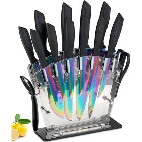 Knife Set, 16 Pieces Rainbow Titanium Coating Cutlery Set No Rust Knife Block with Serrated Steak Knives (Brand: D.Perlla)