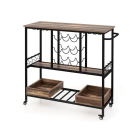 Dinning Supplies Bar Cart on Wheels with Hook & Glass Racks (Color: Brown, Type: Kitchen Supplies)